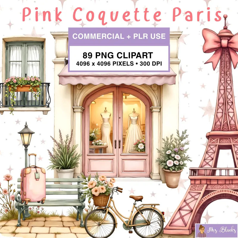 Pink Coquette Paris Watercolor Clipart PNG - Commercial + PLR Use - Pink Coquette Paris