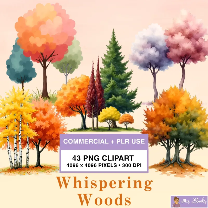 Colorful Woodland Tree Watercolor Clipart PNG - Commercial + PLR Use - Whispering Woods