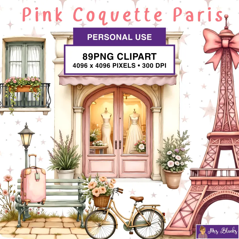 Pink Coquette Paris Watercolor Clipart PNG - Personal Use License - Pink Coquette Paris