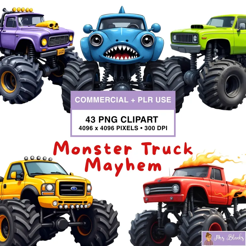 Colorful Monster Truck Watercolor Clipart PNG - Commercial + PLR Use - Monster Truck Mayhem