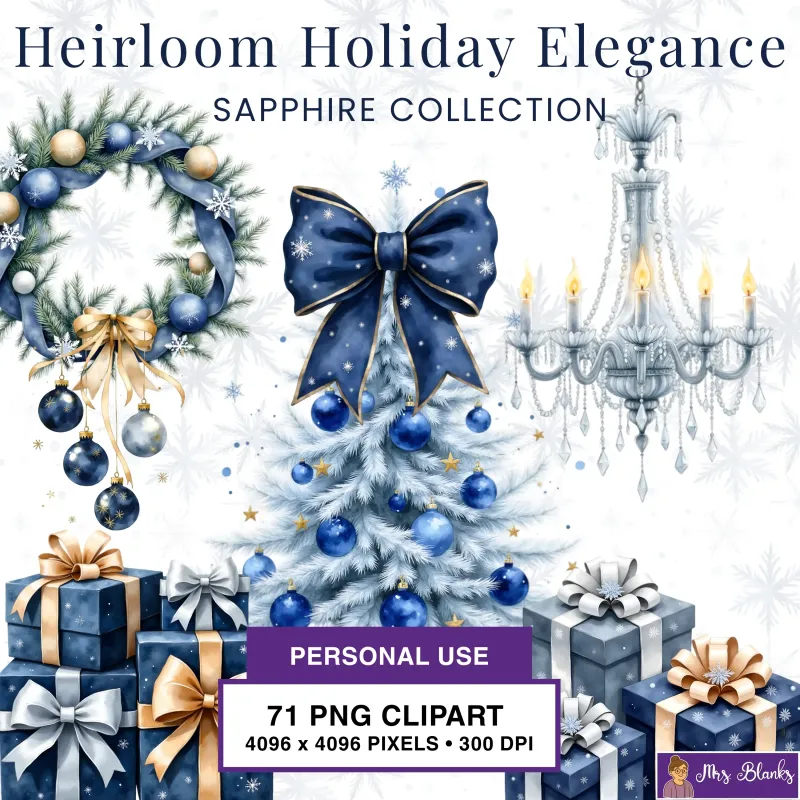 Sapphire Blue Christmas Ornament and Winter Clipart PNG - Personal Use License - Heirloom Holiday Elegance Sapphire Collection