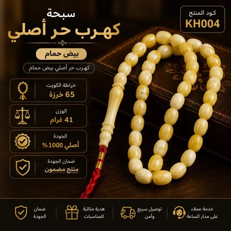 (KH004) سبحة كهرب حر أصلي بيض حمام 