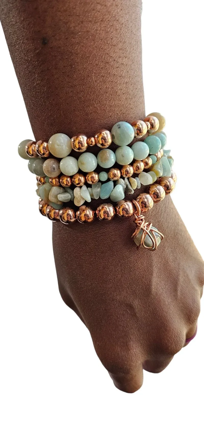 Amazonite Copper Bracelet Set - Tranquil Harmony Crystal Bead Stack for Peace & Emotional Balance
