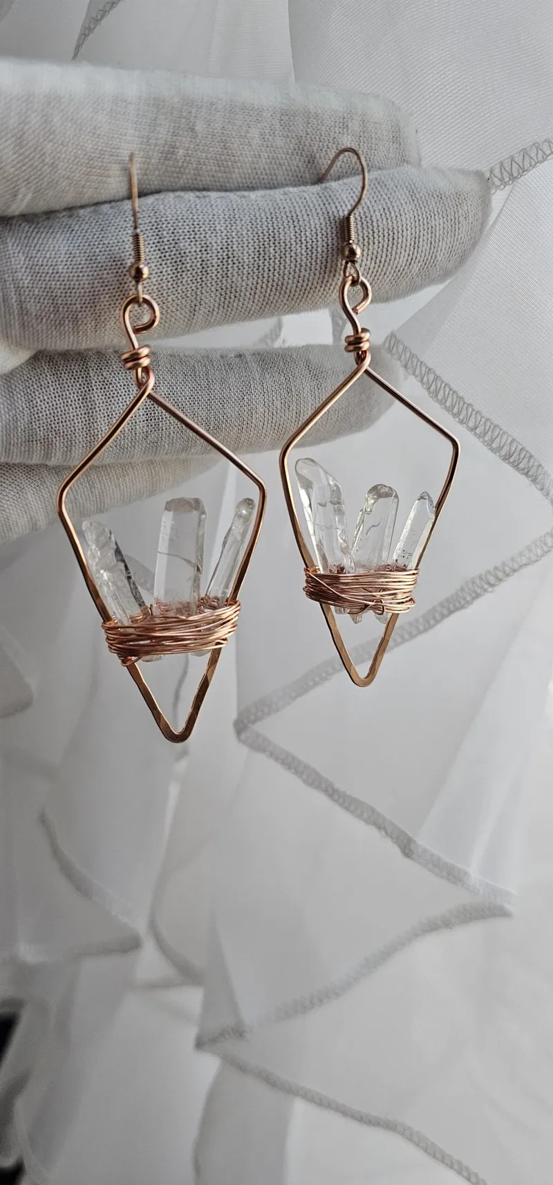 Copper Spiral Earrings - Handmade Quartz Crystal Statement Jewelry for Energy Healing