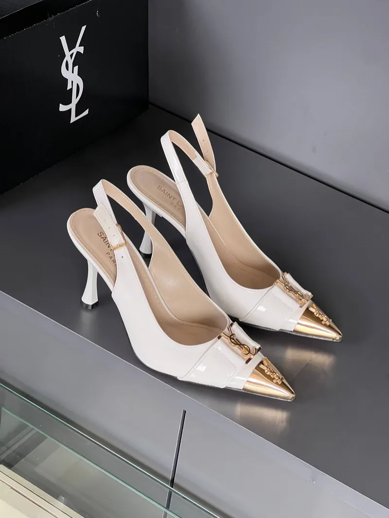 YSL White Babylone Slingback Pumps