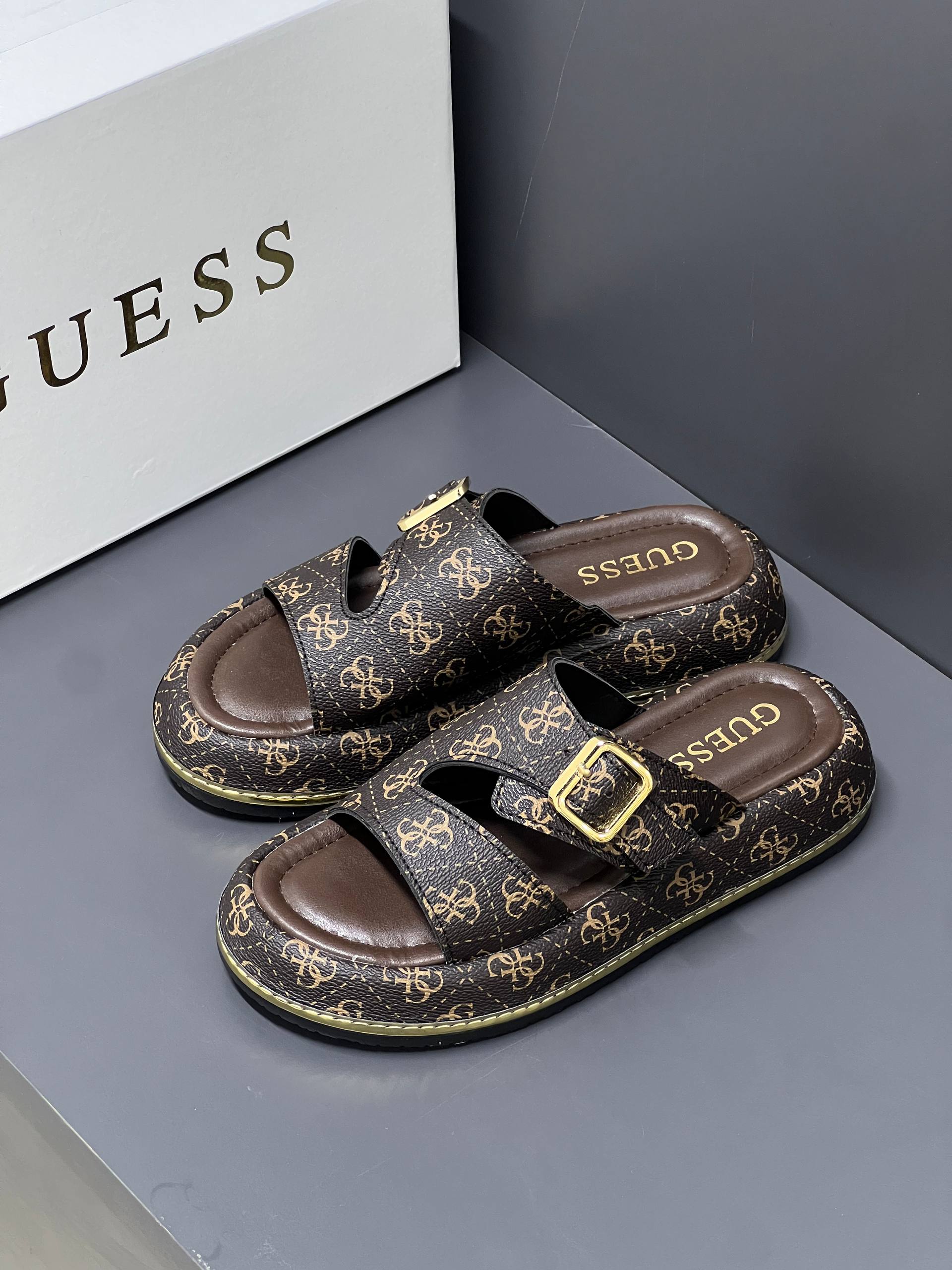 Guess Leather Brown Slippers  