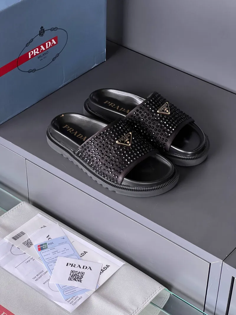 Prada Black Crystal Slides 