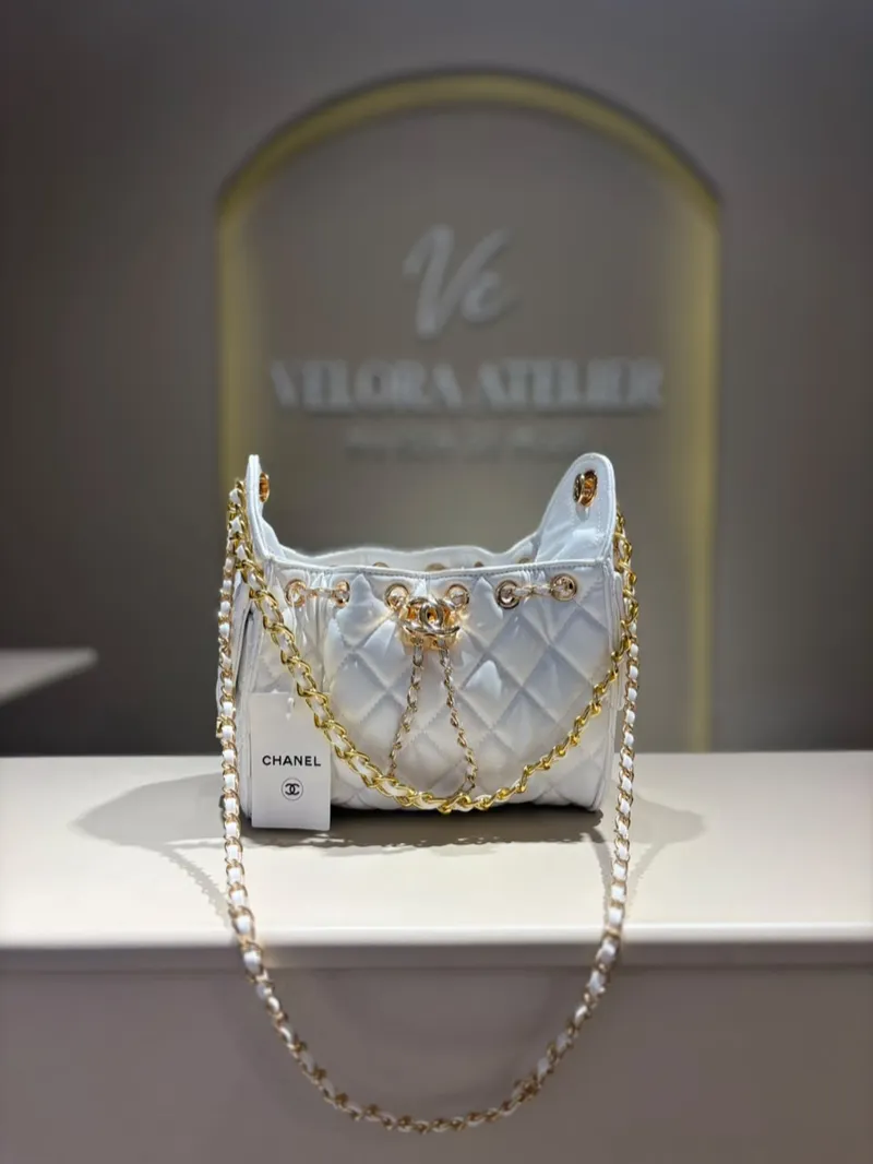 Chanel 25 Small White Drawstring Bag