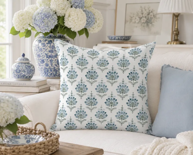 Adelaide Blue Floral Block Print Throw Pillow Cover | Coastal Cottage Decorative Pillow | Grand Millennial Blue & White