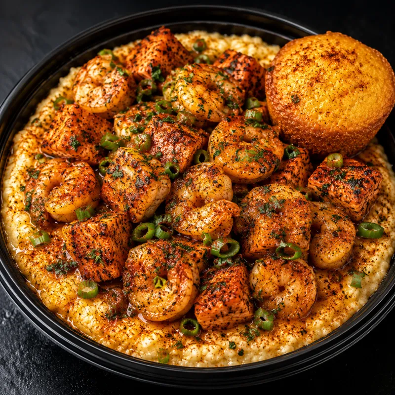 Ultimate Shrimp & Cajun Salmon Bites Grits Bowl