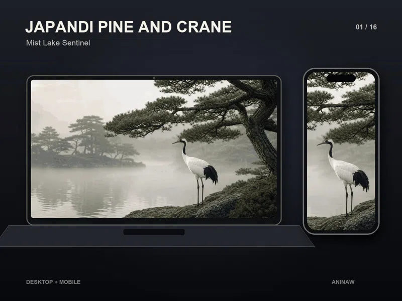 Japandi Pine and Crane — 16 Premium Wallpapers for Desktop & Phone