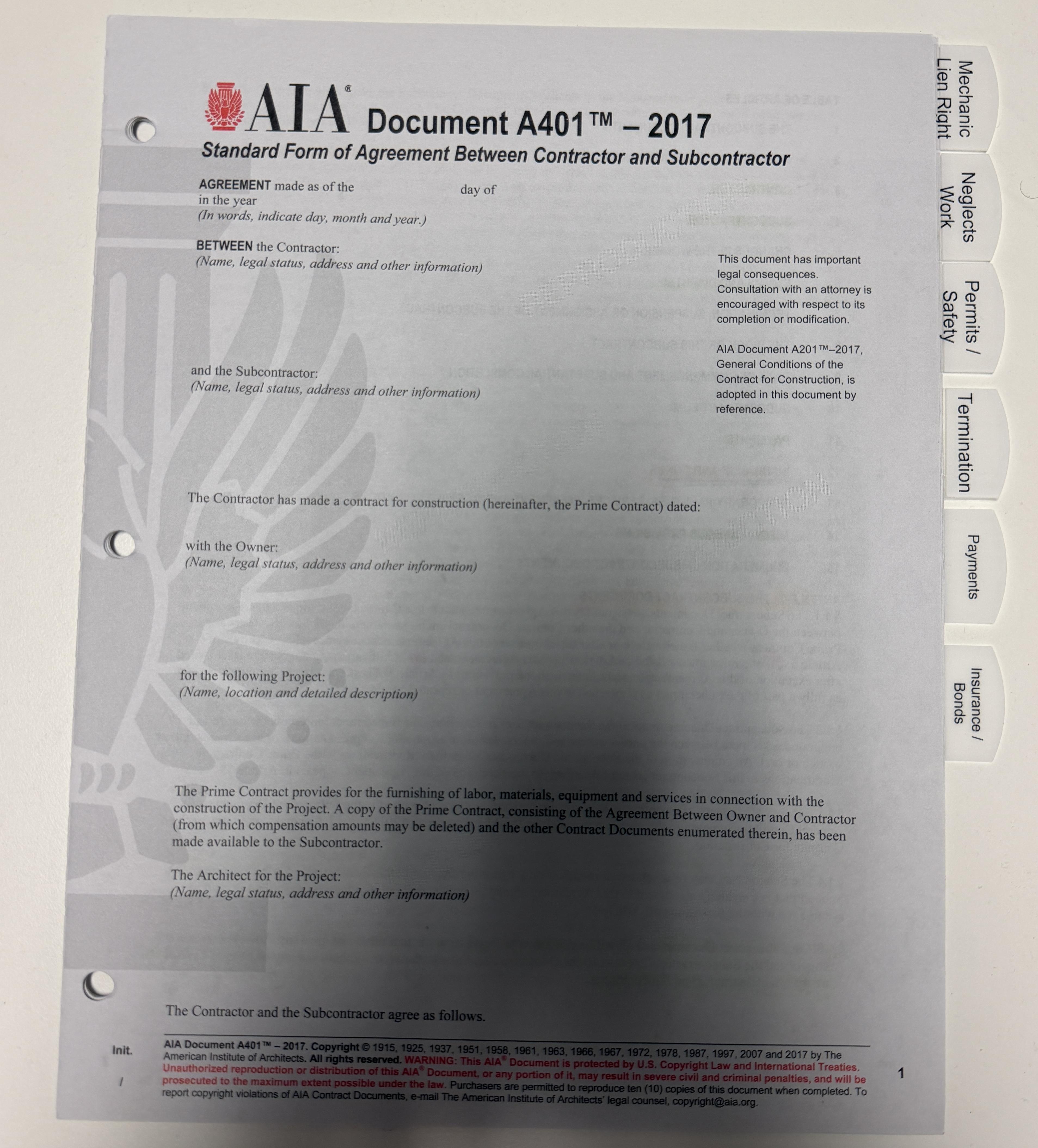 AIA A401 2017 pre-highlighted and tabbed