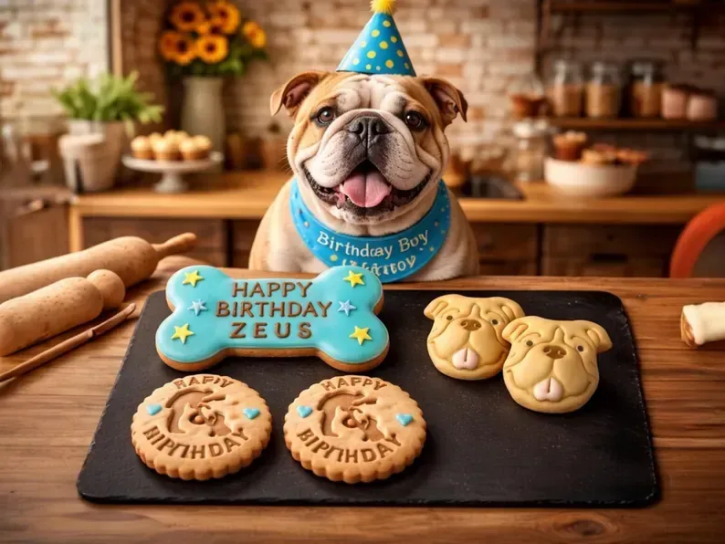 English Bulldog Personalised Dog Birthday Biscuit Set