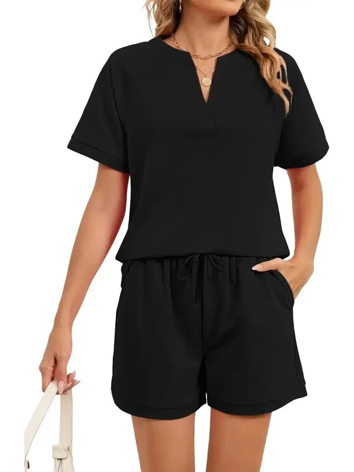 Black V-Neck Lounge Set with Shorts