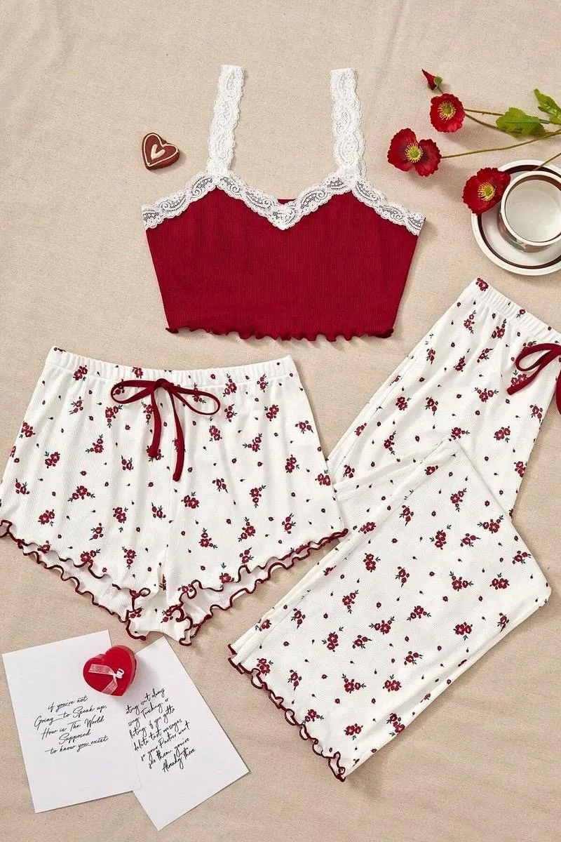 Lace Trim Cami 3-Piece Floral Pajama Set