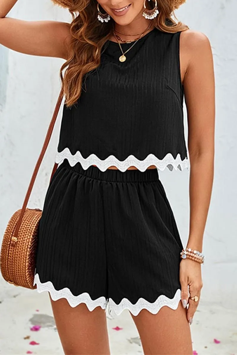 Lace Trim Sleeveless Shorts Set