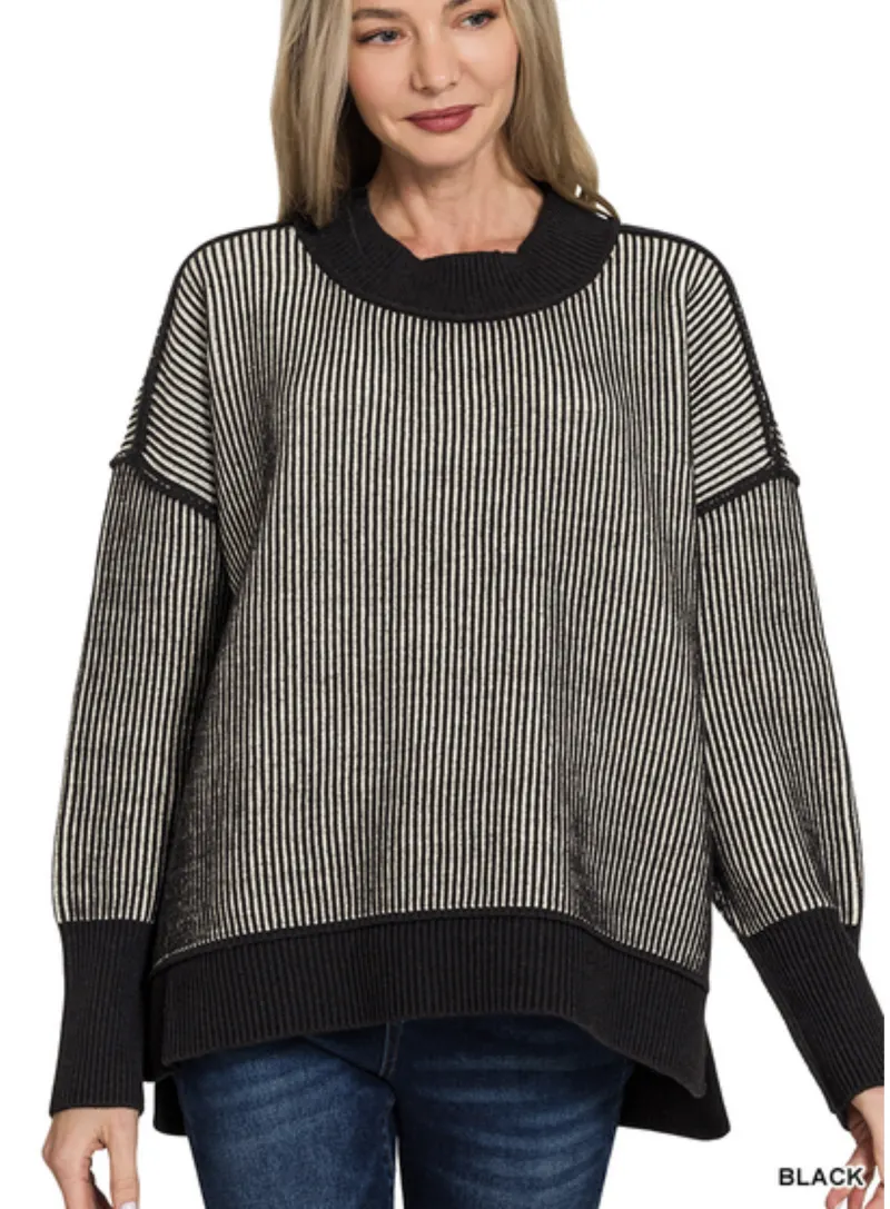 Two-Tone Exposed Seam Hi-Low Sweater
