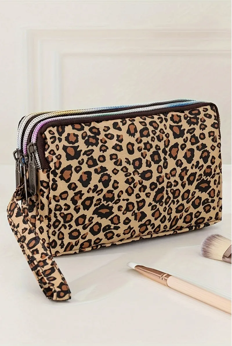 Brown Leopard Wristlet Zipper Makeup Bag