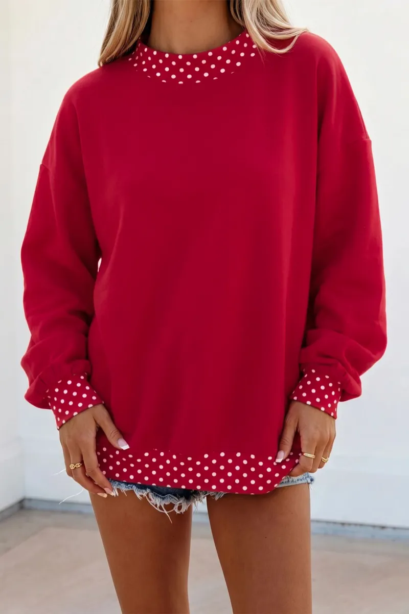 Polka Dot Trim Oversized Mock Neck Sweatshirt