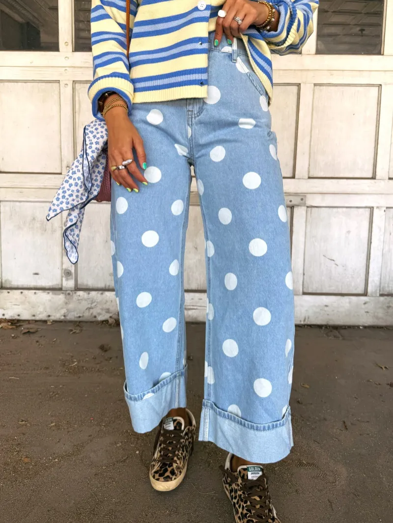 The Sweet Spot Jeans – Polka Dot High Rise Wide Leg Denim