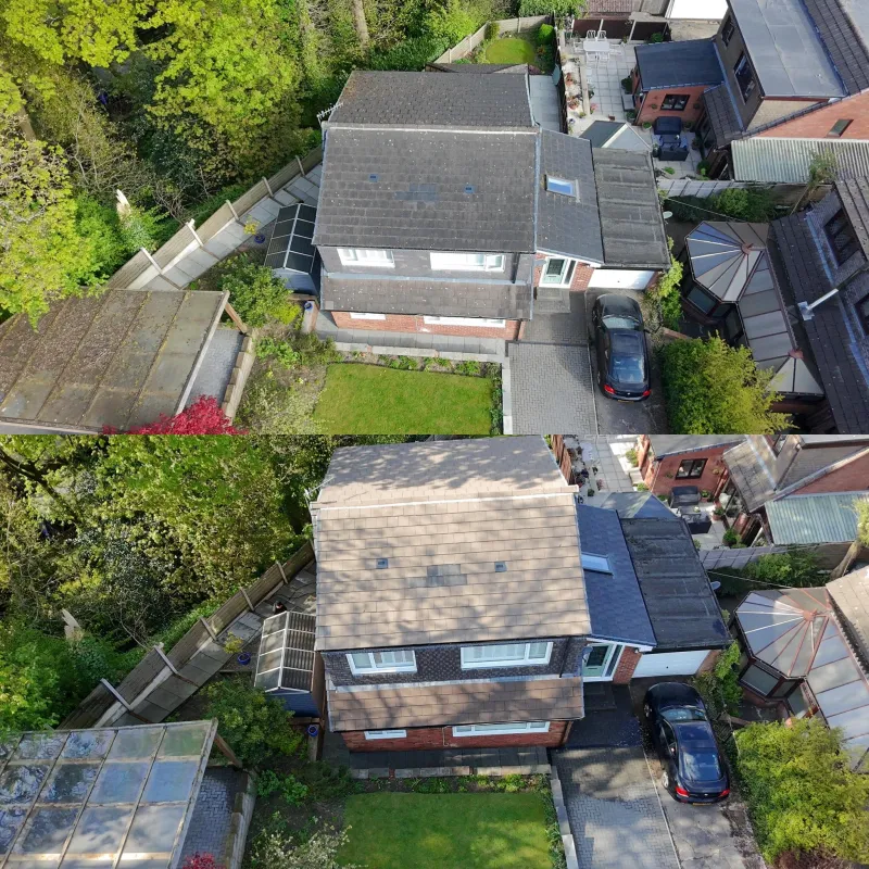 Roofs cleaned on a housing estate, drone view