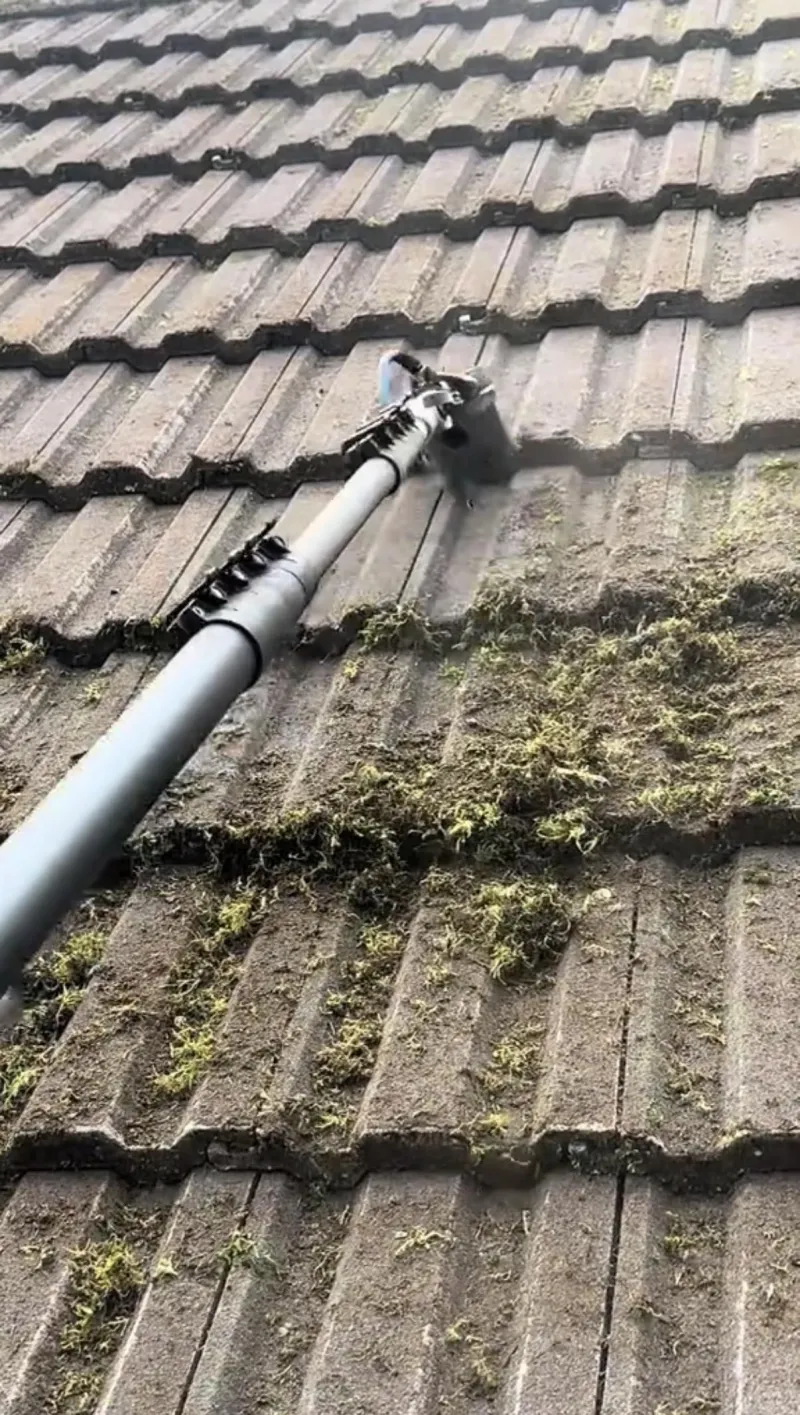 Moss being scraped from roof tiles