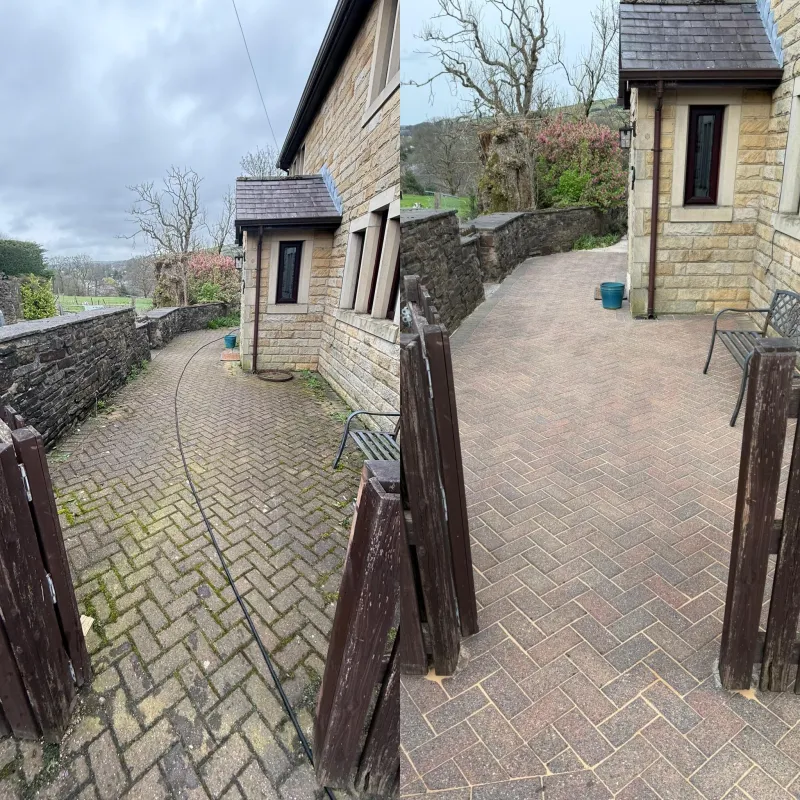 Block paved path and steps cleaned, before and after