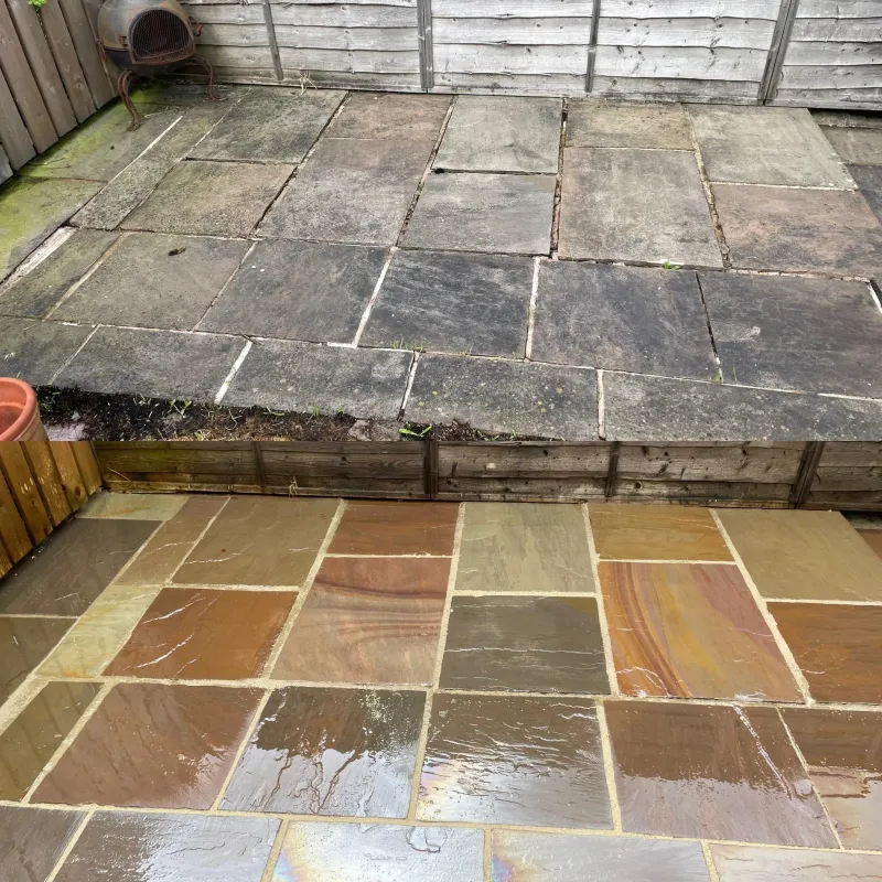 Stone patio cleaned, before and after