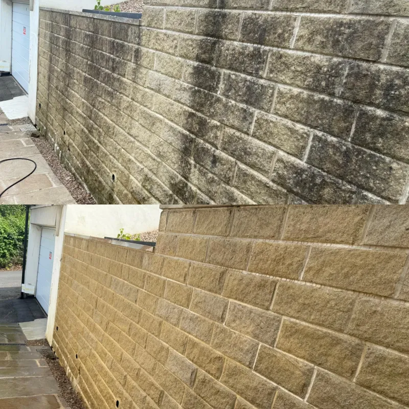 Stone wall soft washed, before and after