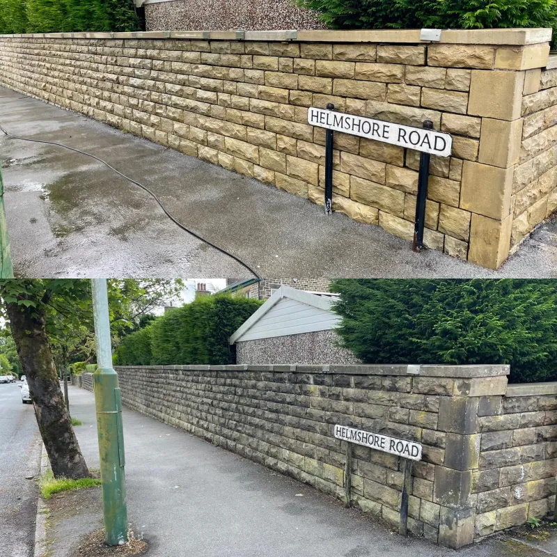 Garden wall on Helmshore Road cleaned, before and after