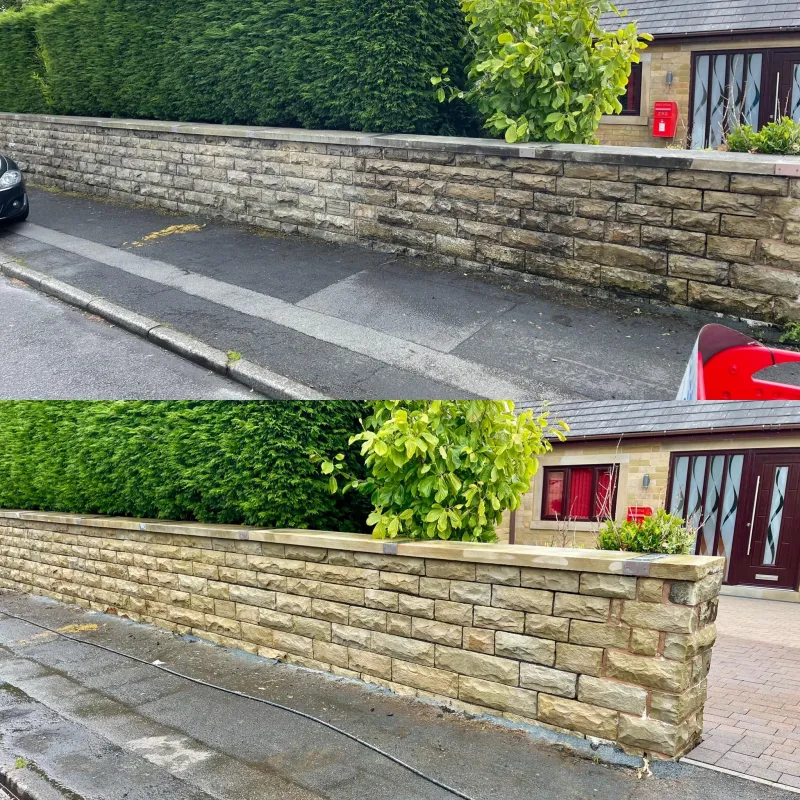 Stone wall along a pavement, before and after