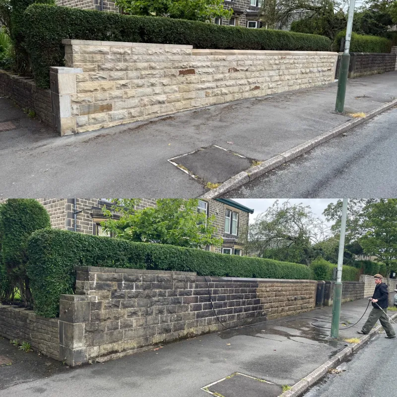Stone boundary wall cleaned, before and after