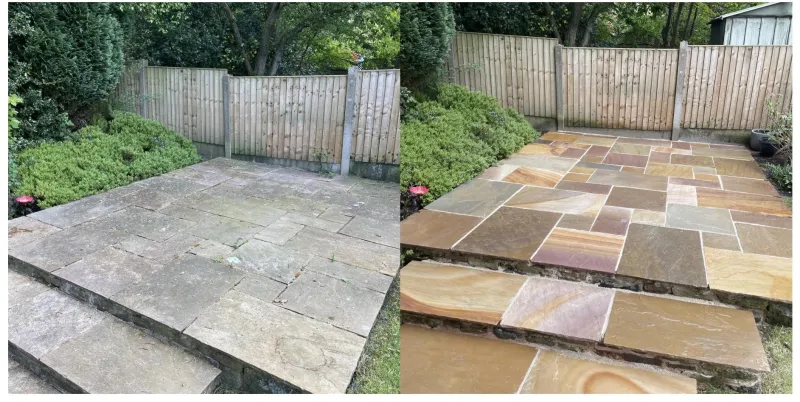 Patio flags cleaned, before and after