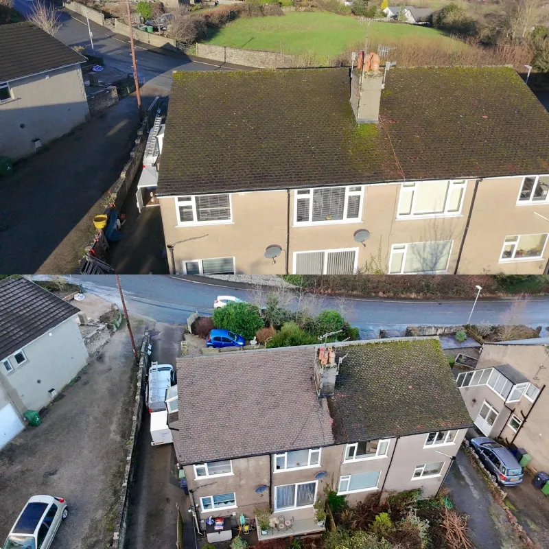 Moss removal on a semi-detached roof, before and after