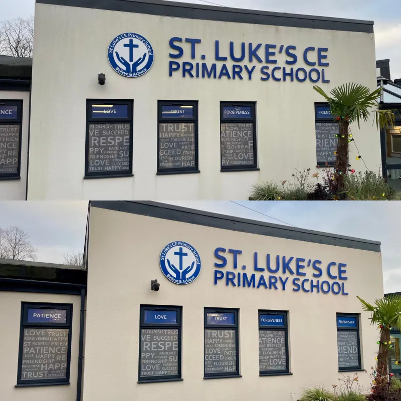 School exterior cleaned, before and after