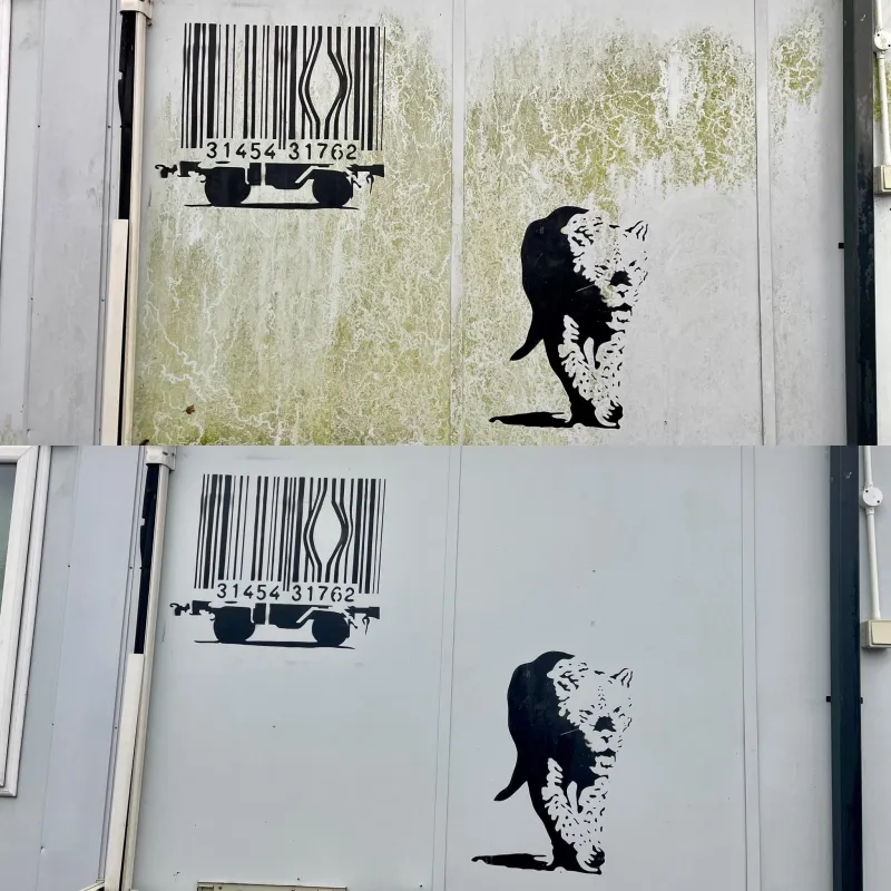 Mural panels on a commercial building cleaned, before and after
