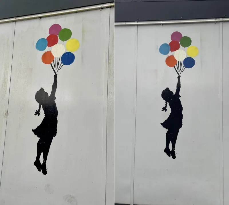 Painted mural cladding cleaned, before and after