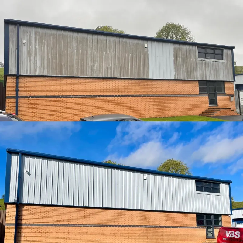 Commercial cladding cleaned, before and after