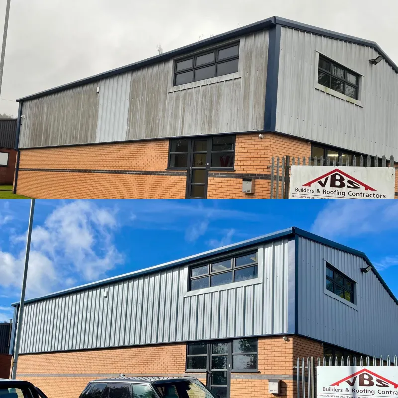 Industrial unit cladding cleaned, before and after