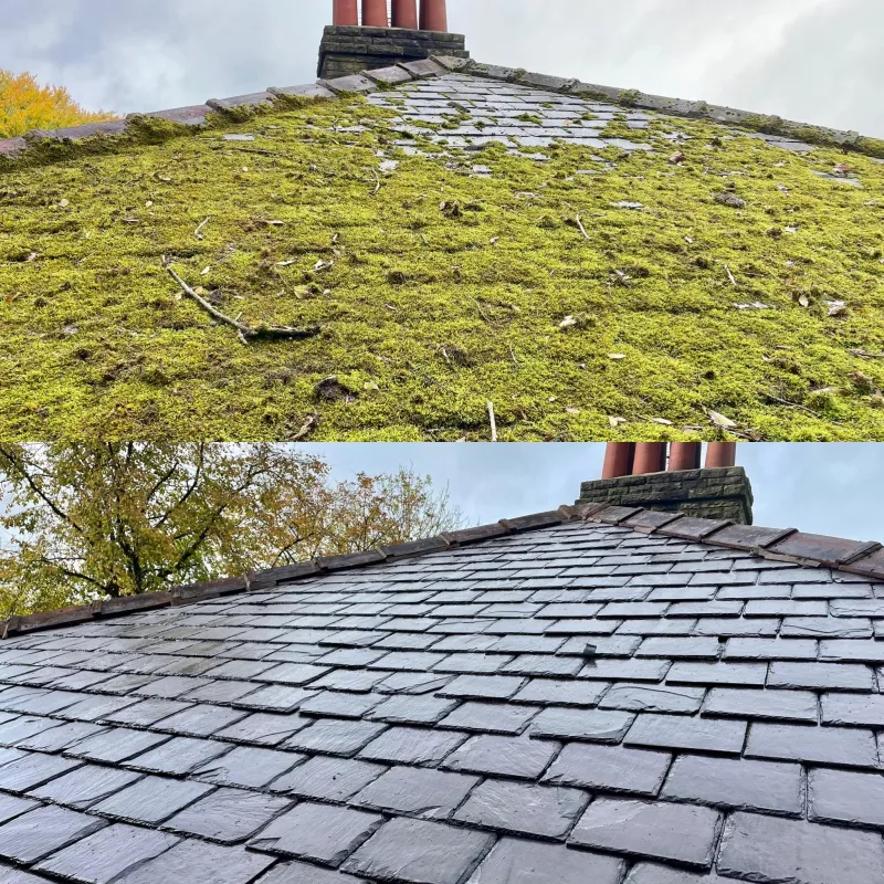 Slate roof cleared of moss, before and after