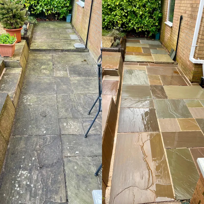 Flagged patio and steps cleaned, before and after