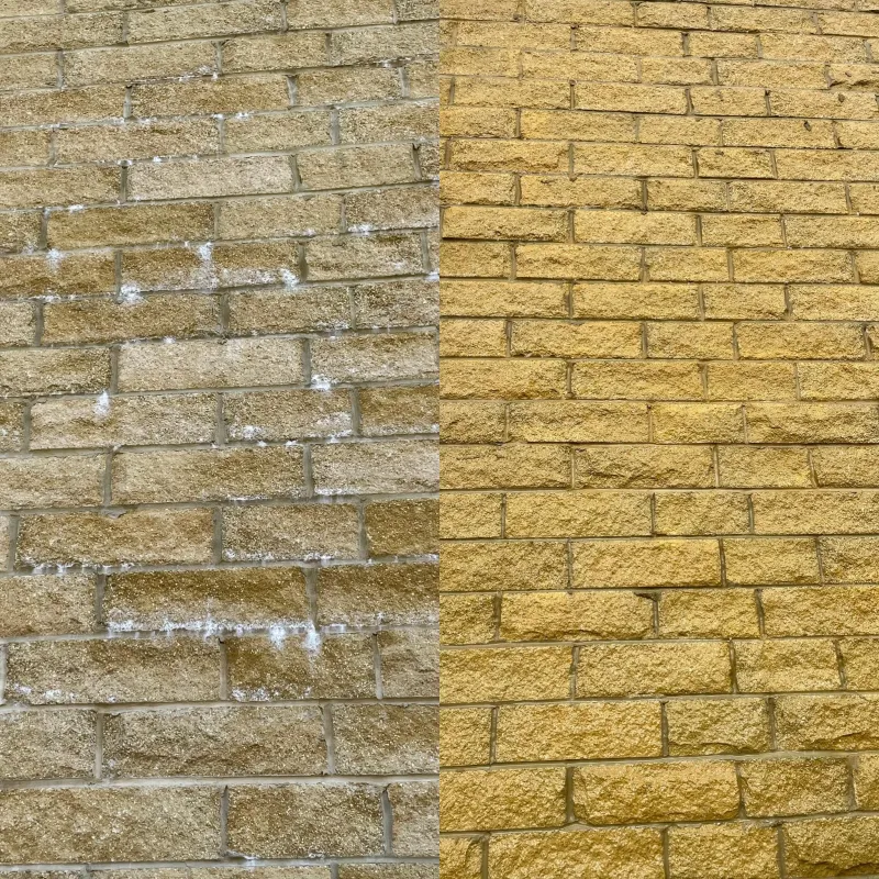 Stone wall cleaned, before and after