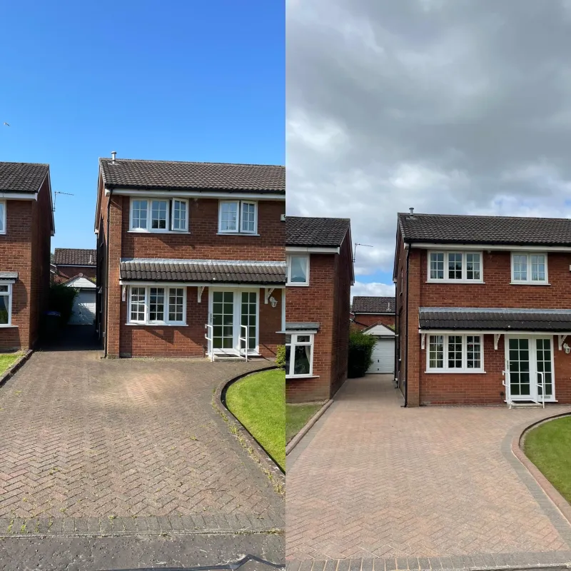 Driveway cleaning on a detached house, before and after