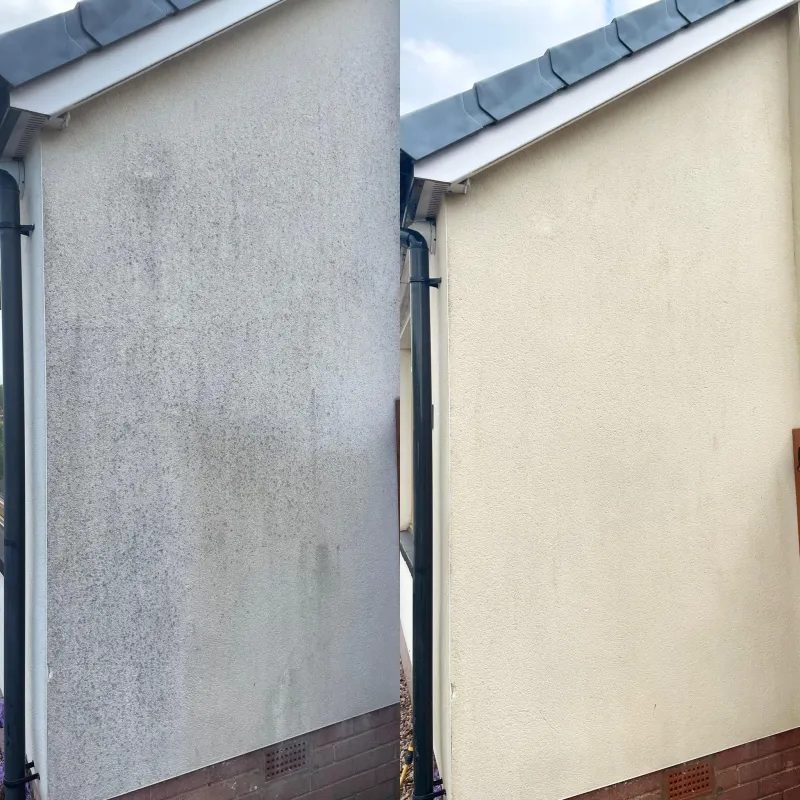 Rendered gable wall cleaned, before and after