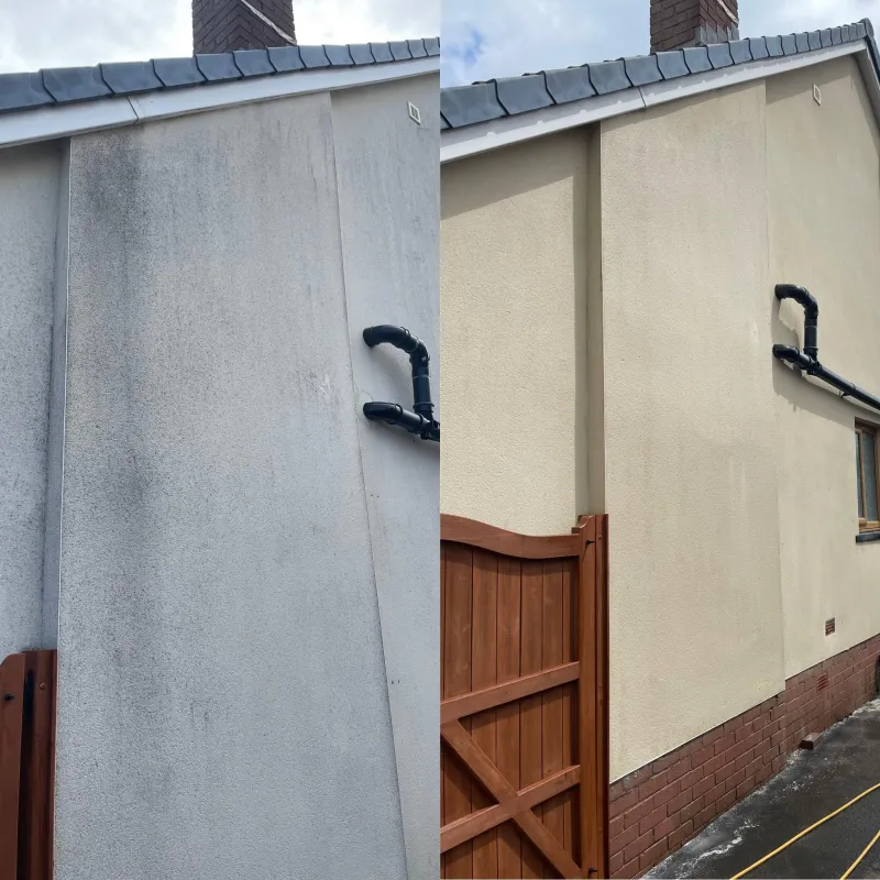 Render cleaning on a house, before and after