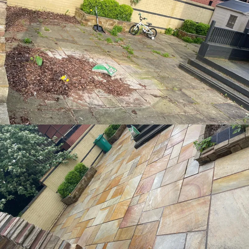 Indian stone patio cleaned, before and after