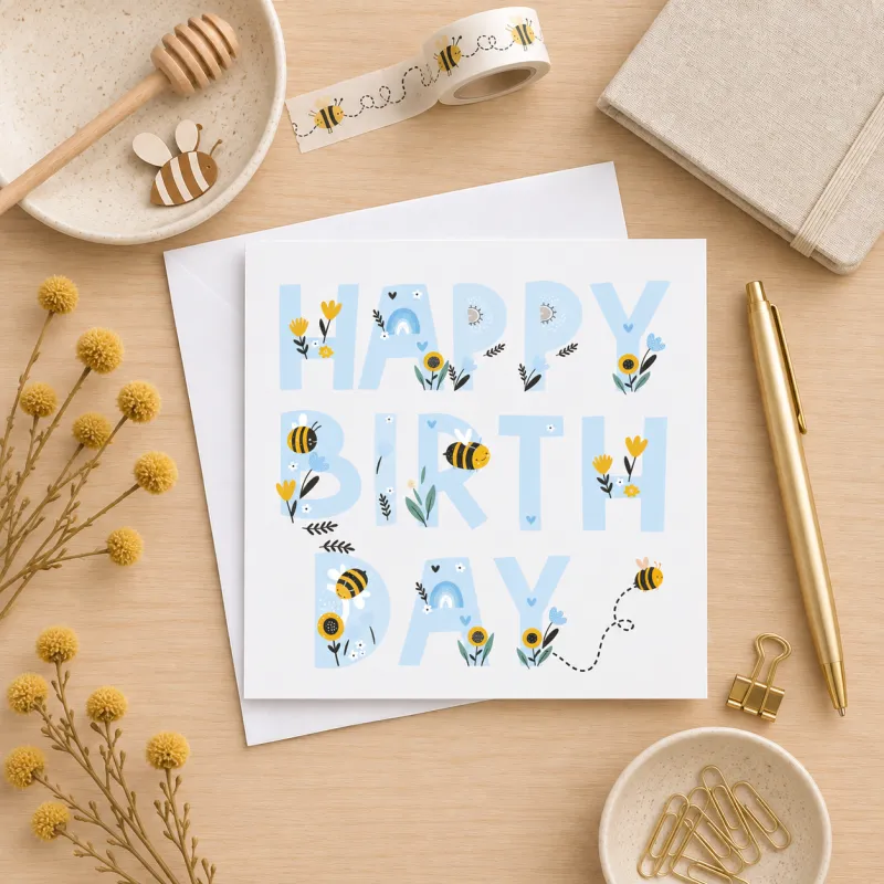 Greeting Card - Happy Birthday Bees (Blue)