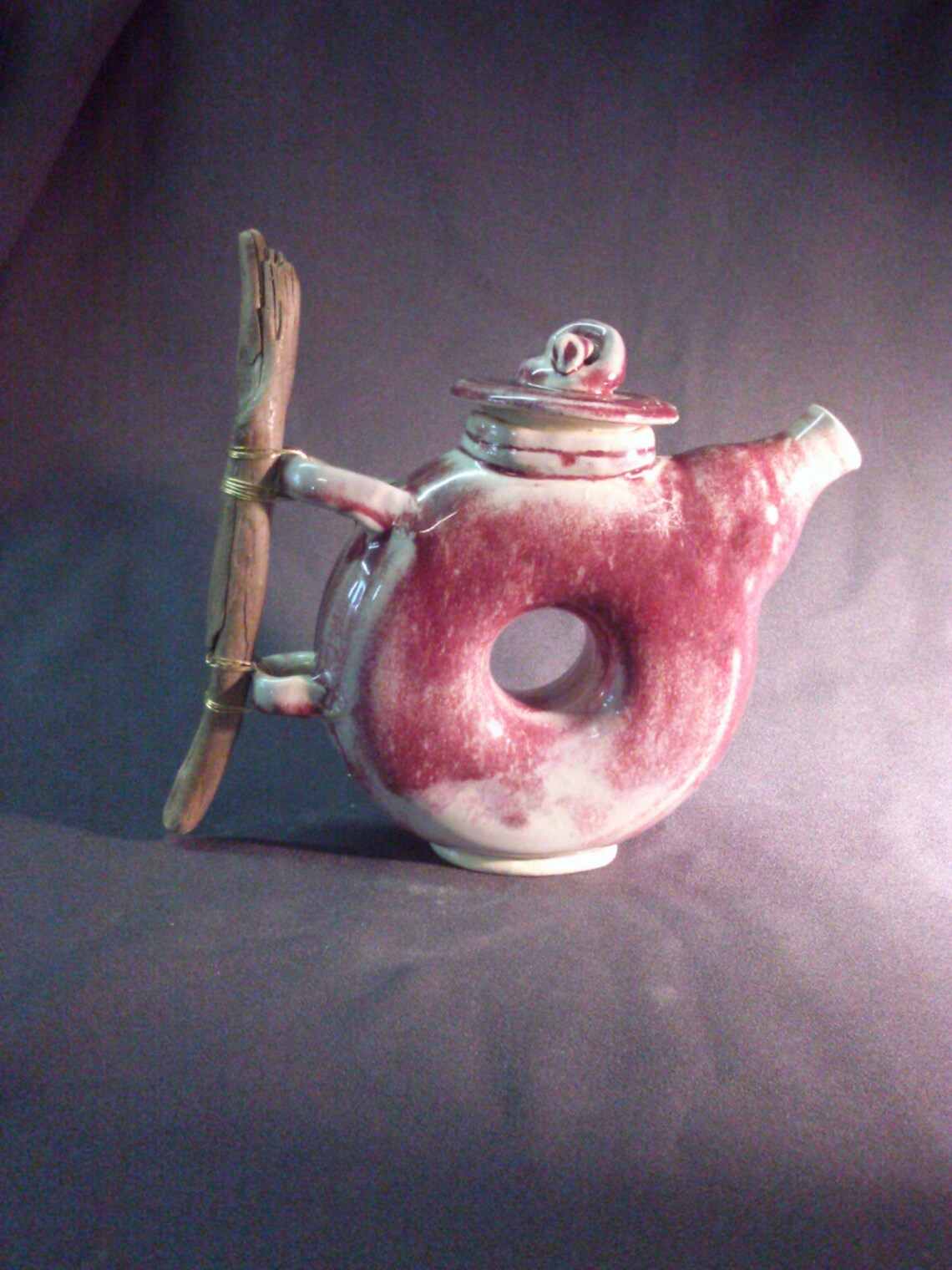 Handmade Ceramic Donut Teapot, Stoneware Pottery with Driftwood Handle