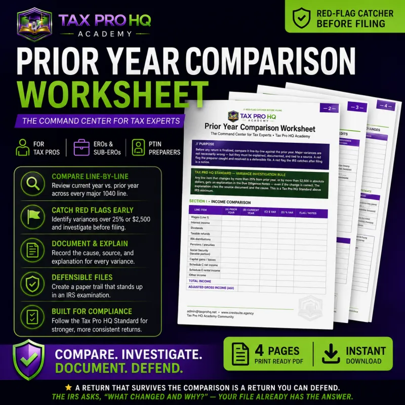 Prior Year Comparison Worksheet | IRS Red Flag & Variance Analysis Tool