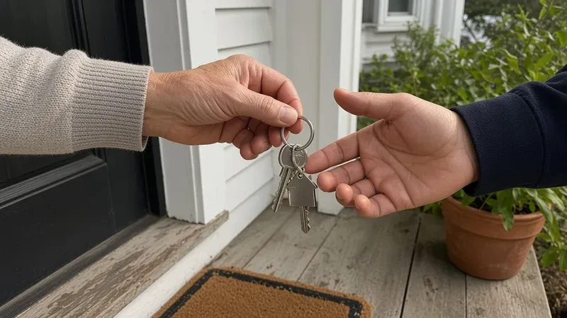 House keys being handed over on a front porch